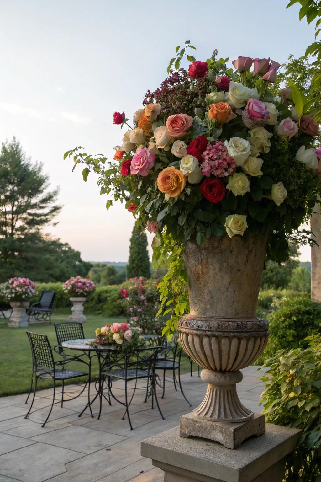 Garden party splendor with a large vase of mixed roses.