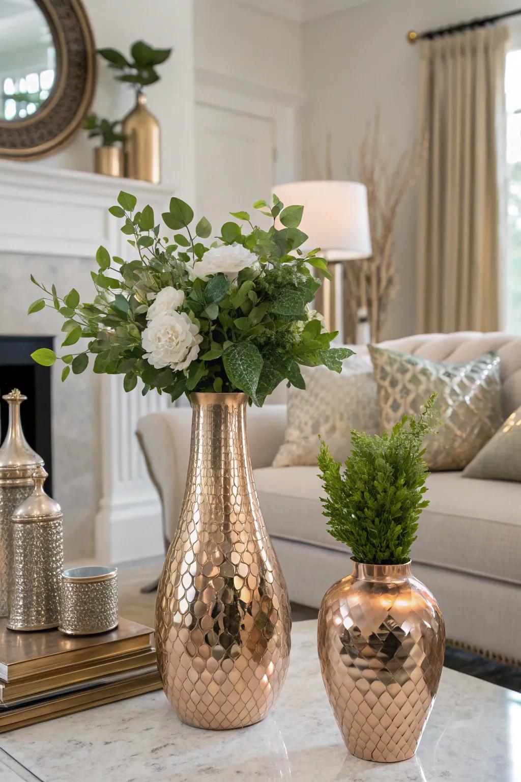 Chic rose gold vases filled with greenery add a natural touch.