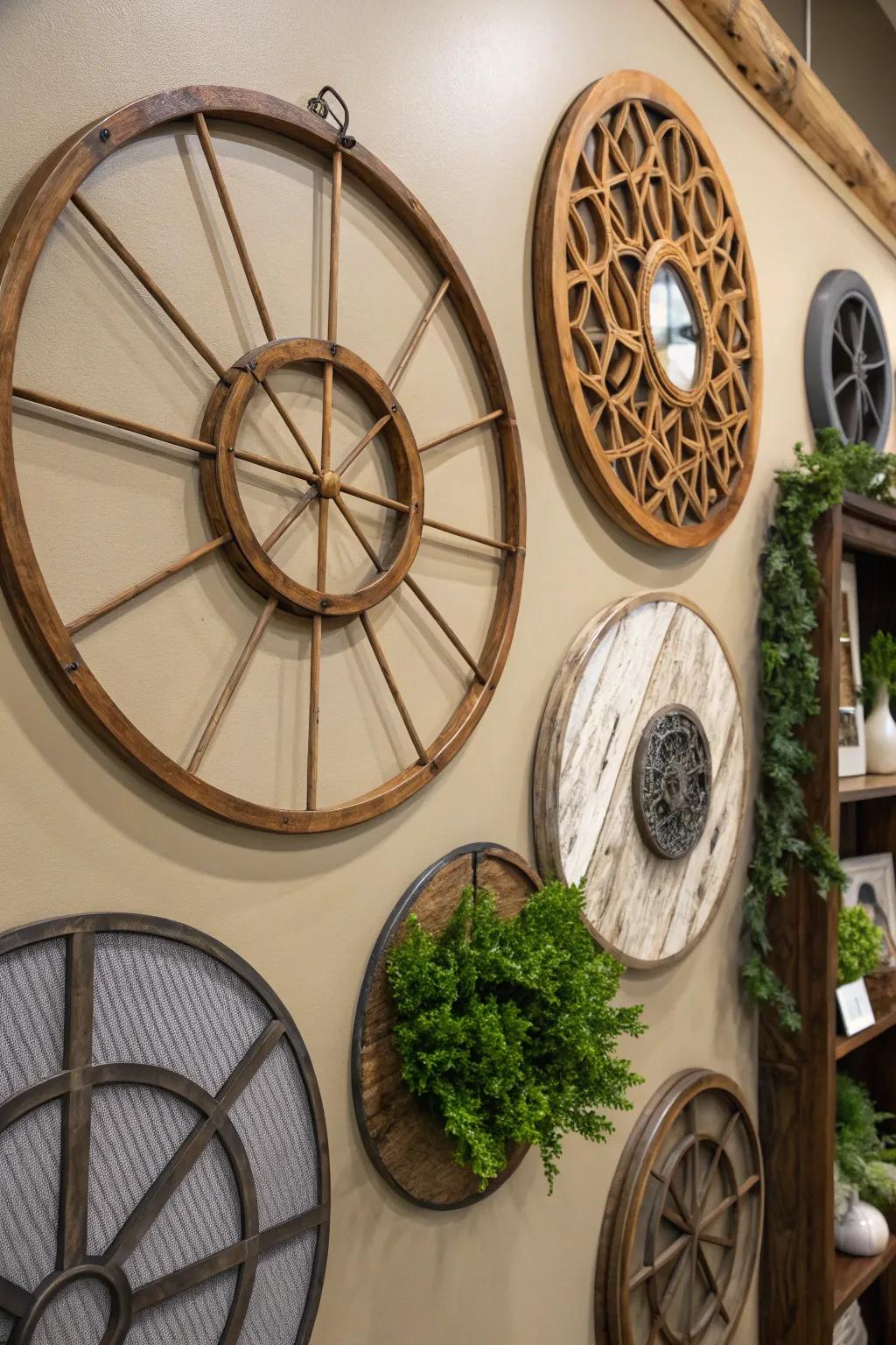 Wall showcasing mixed material round decor for a textured look.