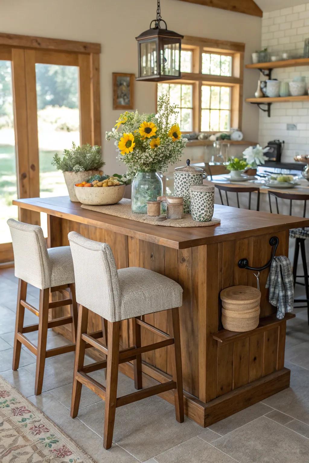 A welcoming farmhouse kitchen island with bar stools for additional seating.