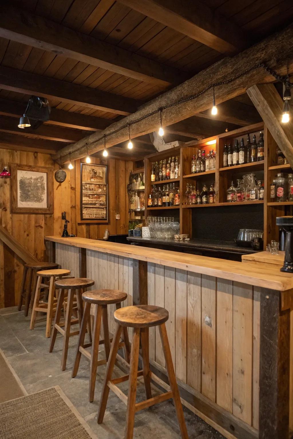 A rustic bar area with stools creates a cozy spot for socializing.