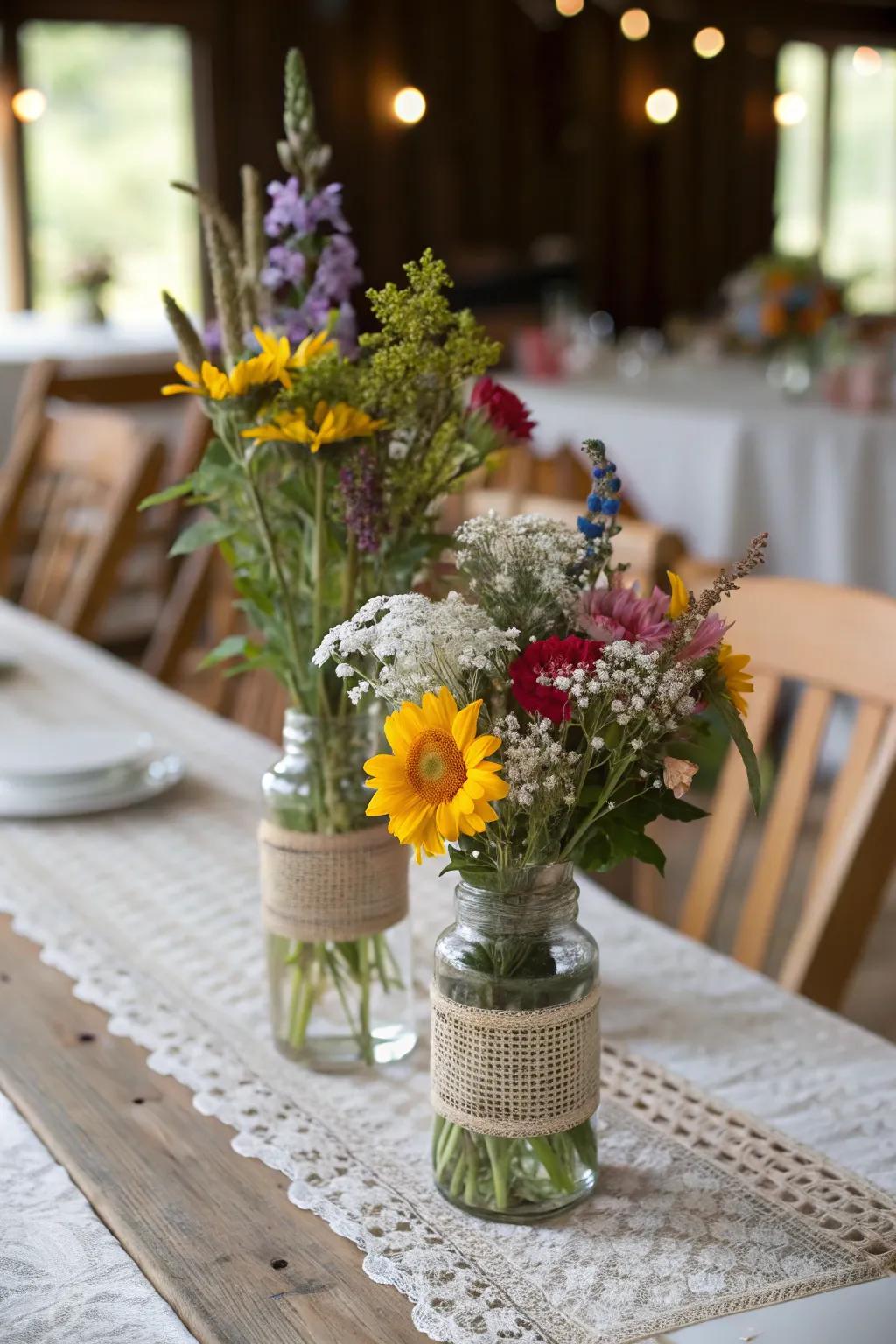 Colorful wildflower arrangements bringing nature to the table.