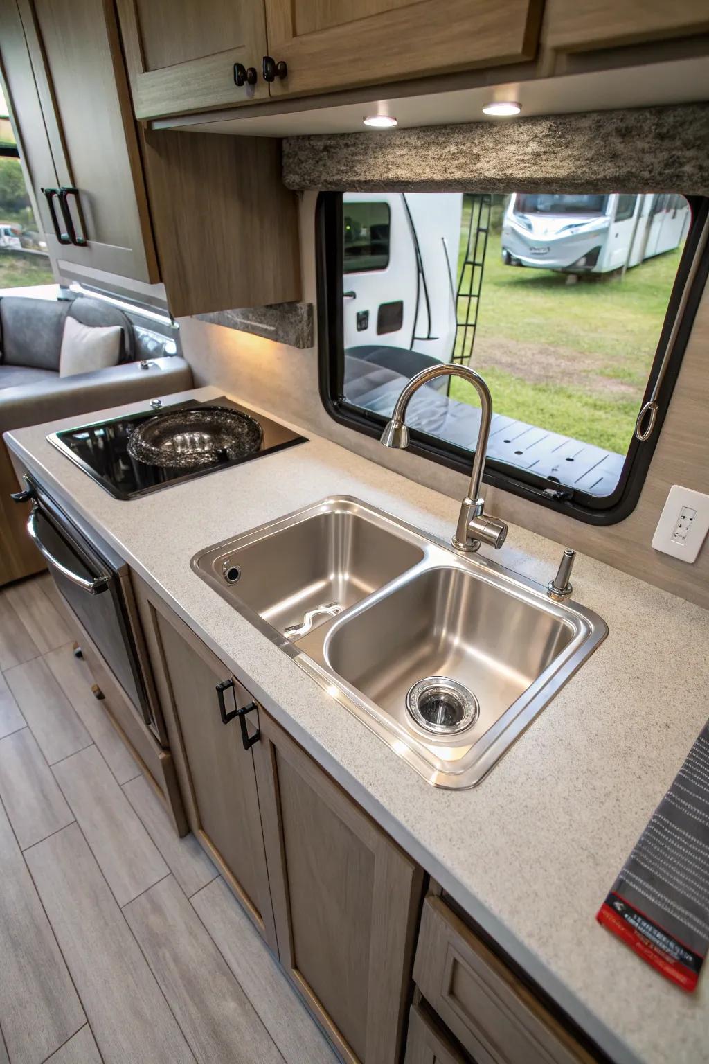 A top-mount sink for easy installation in an RV.