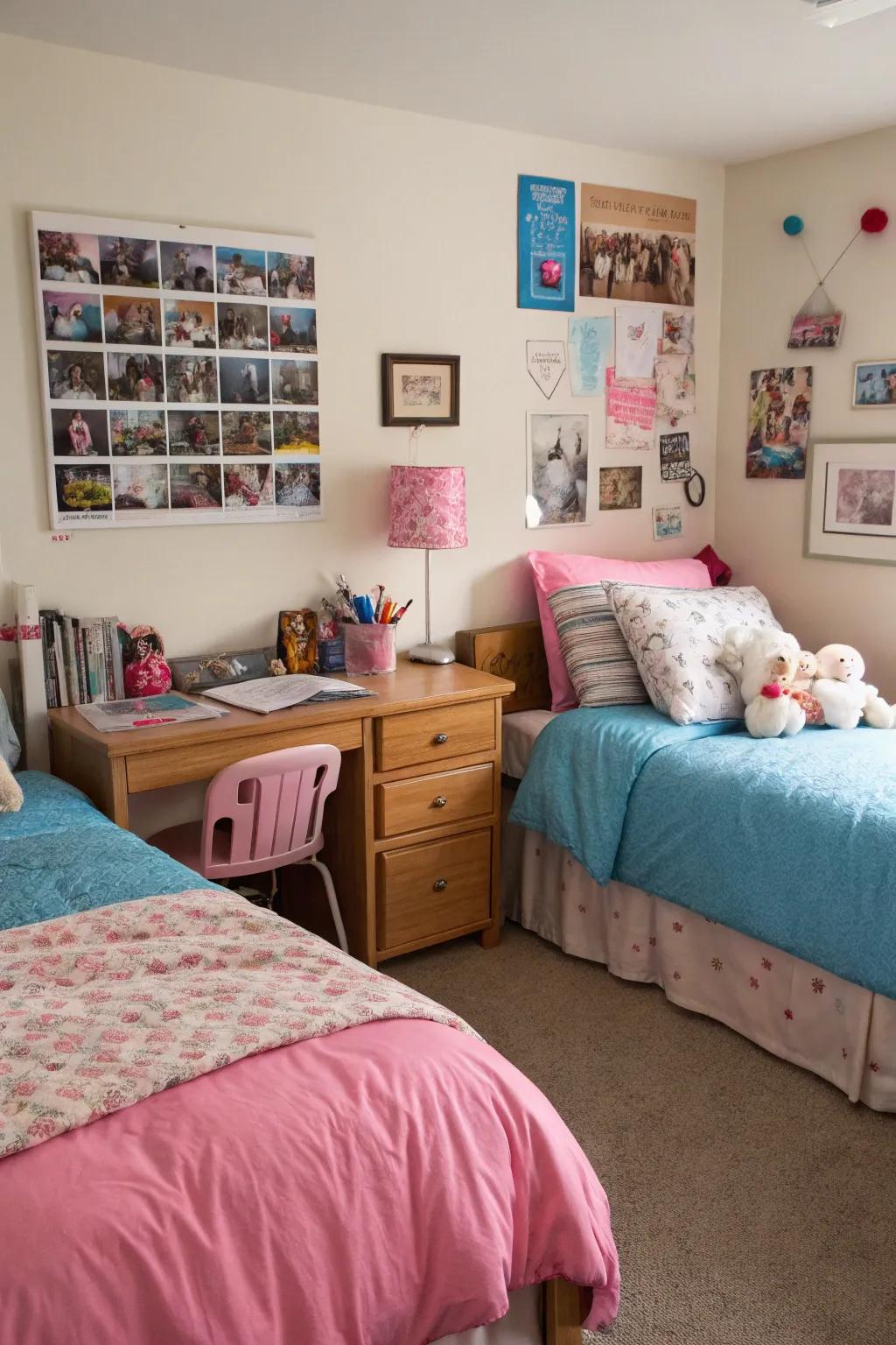 Personalized decor adds character to this shared bedroom.