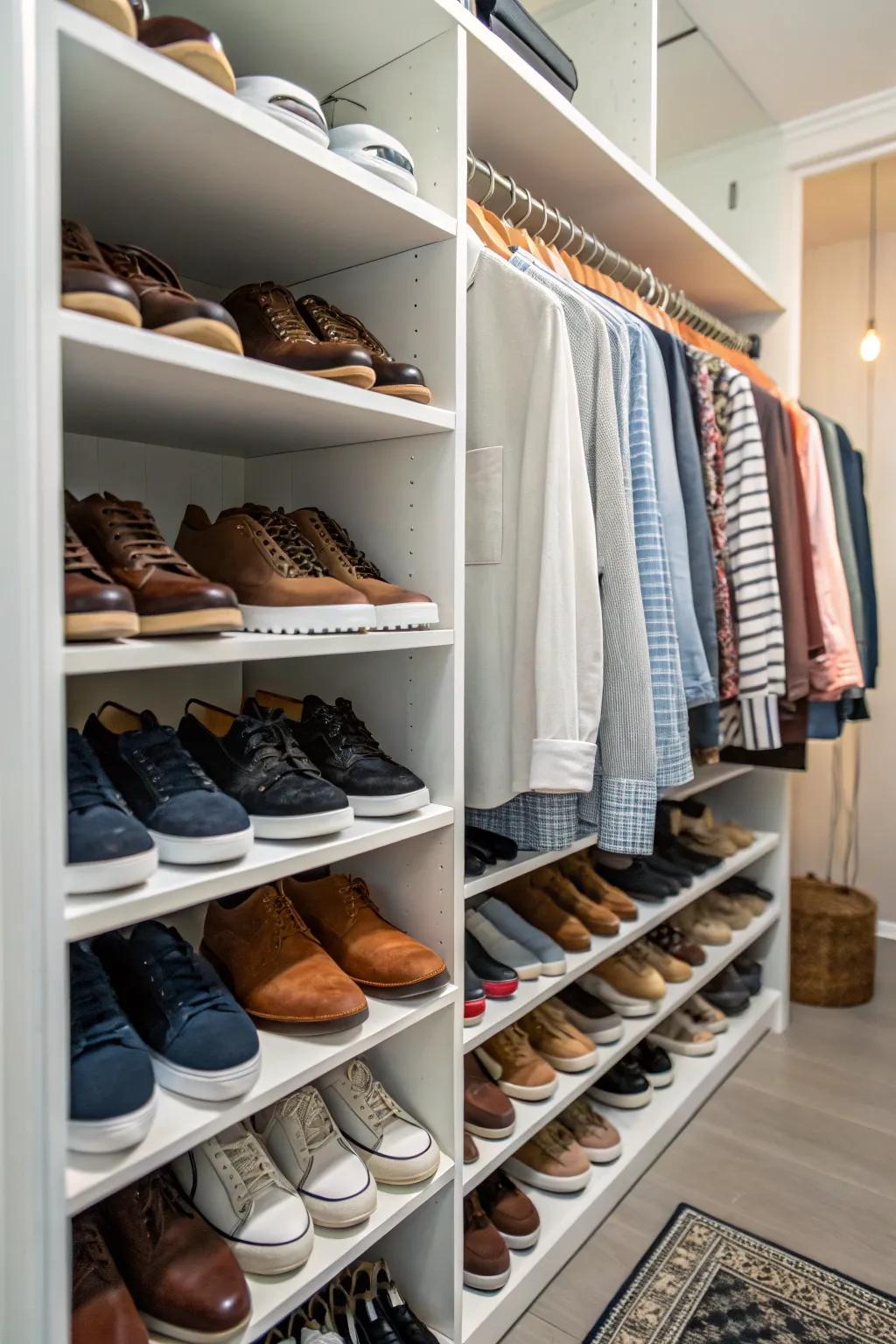 A closet with innovative racks for organized shoe storage.