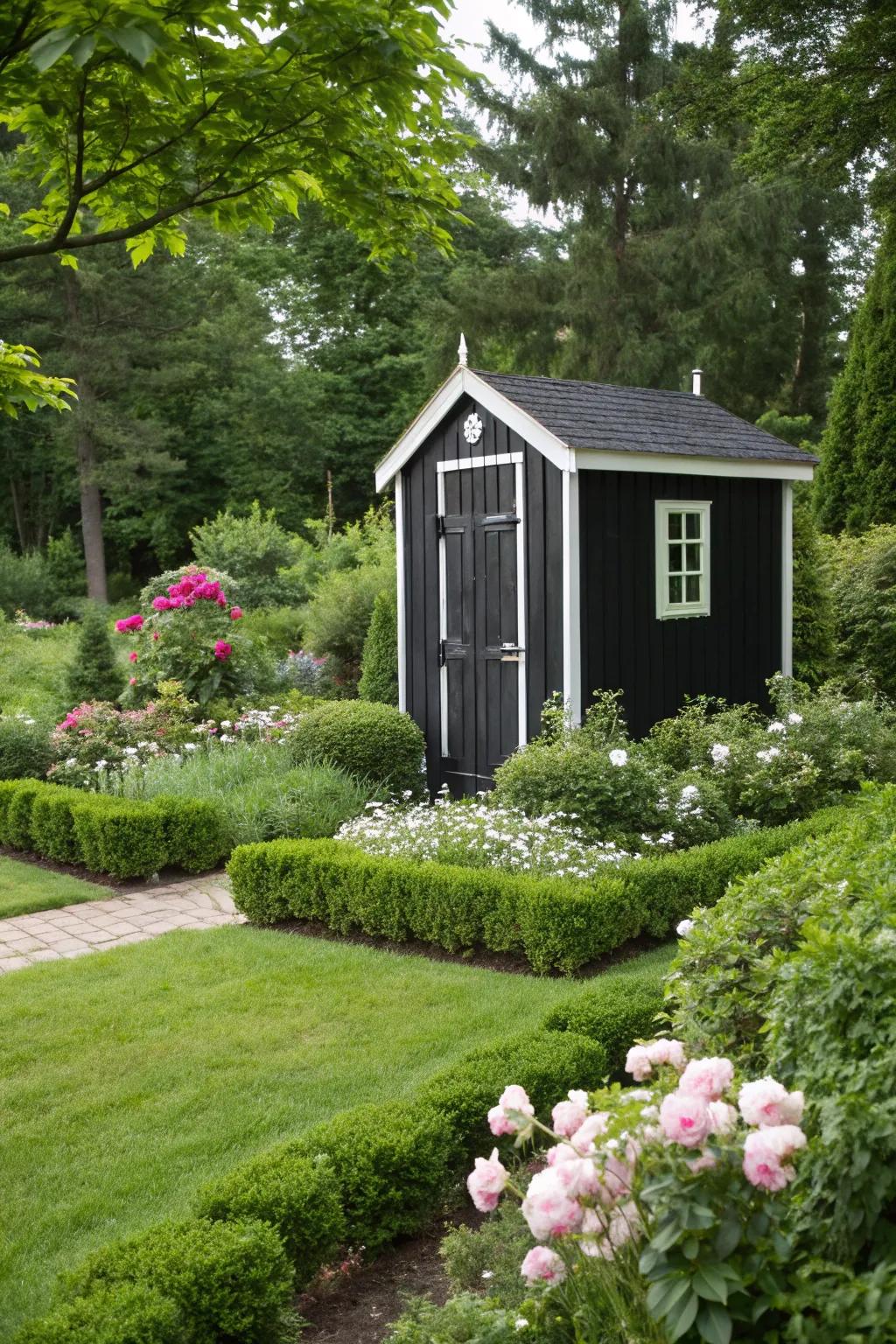 Classic black sheds create dramatic contrast in any garden setting.