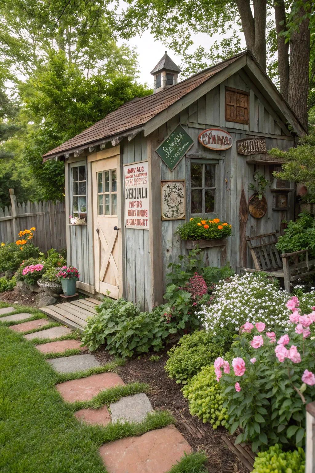 A garden shed with charming vintage signage.