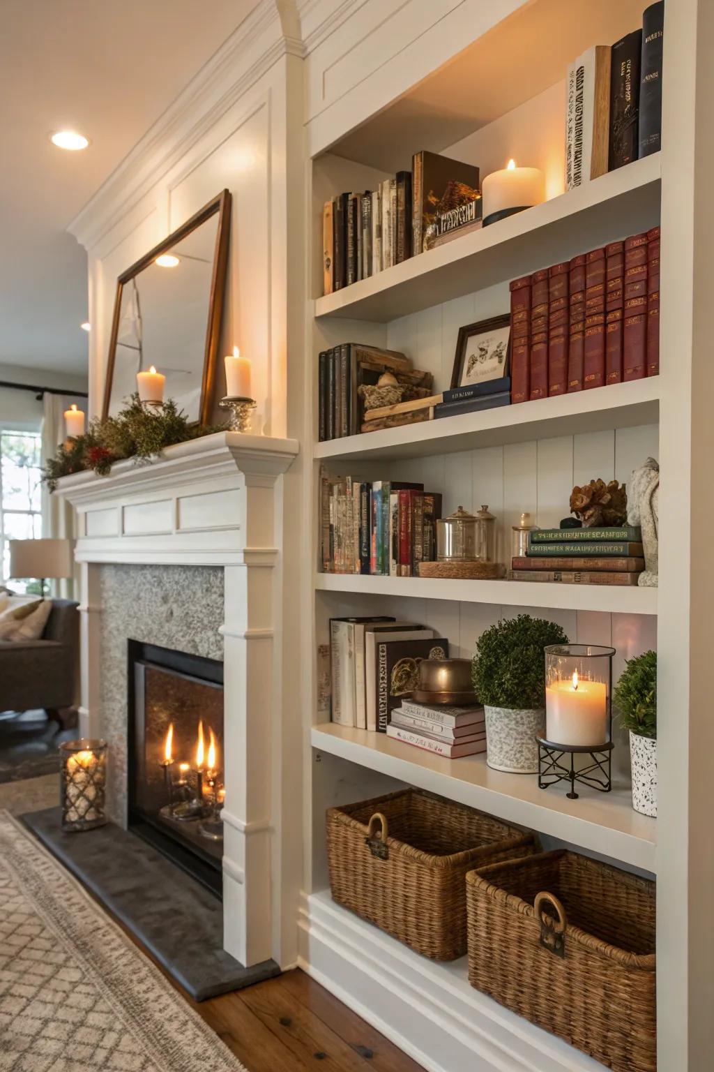 Shelves near a fireplace enhance room functionality.