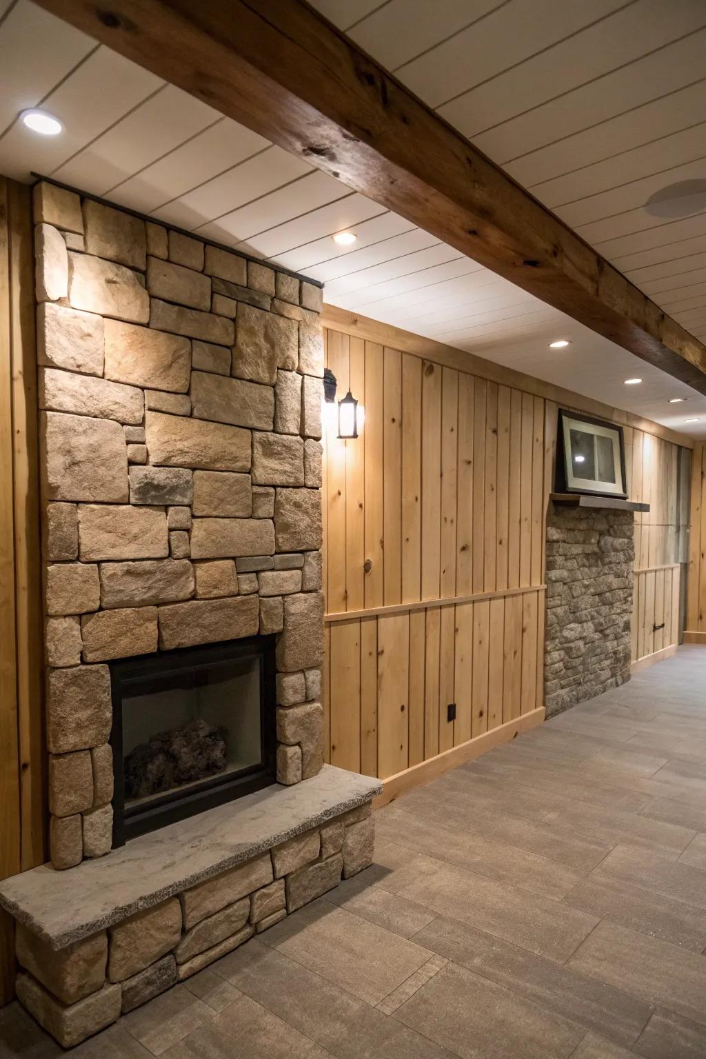 A basement featuring a combination of shiplap walls and a stone fireplace.