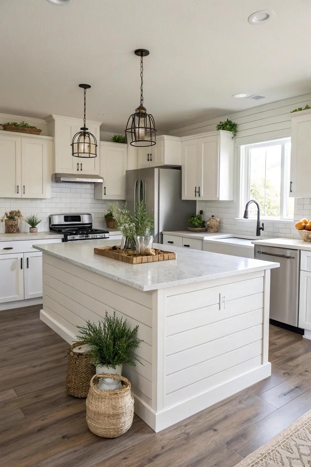 Minimalist shiplap island with clean lines and simple decor.