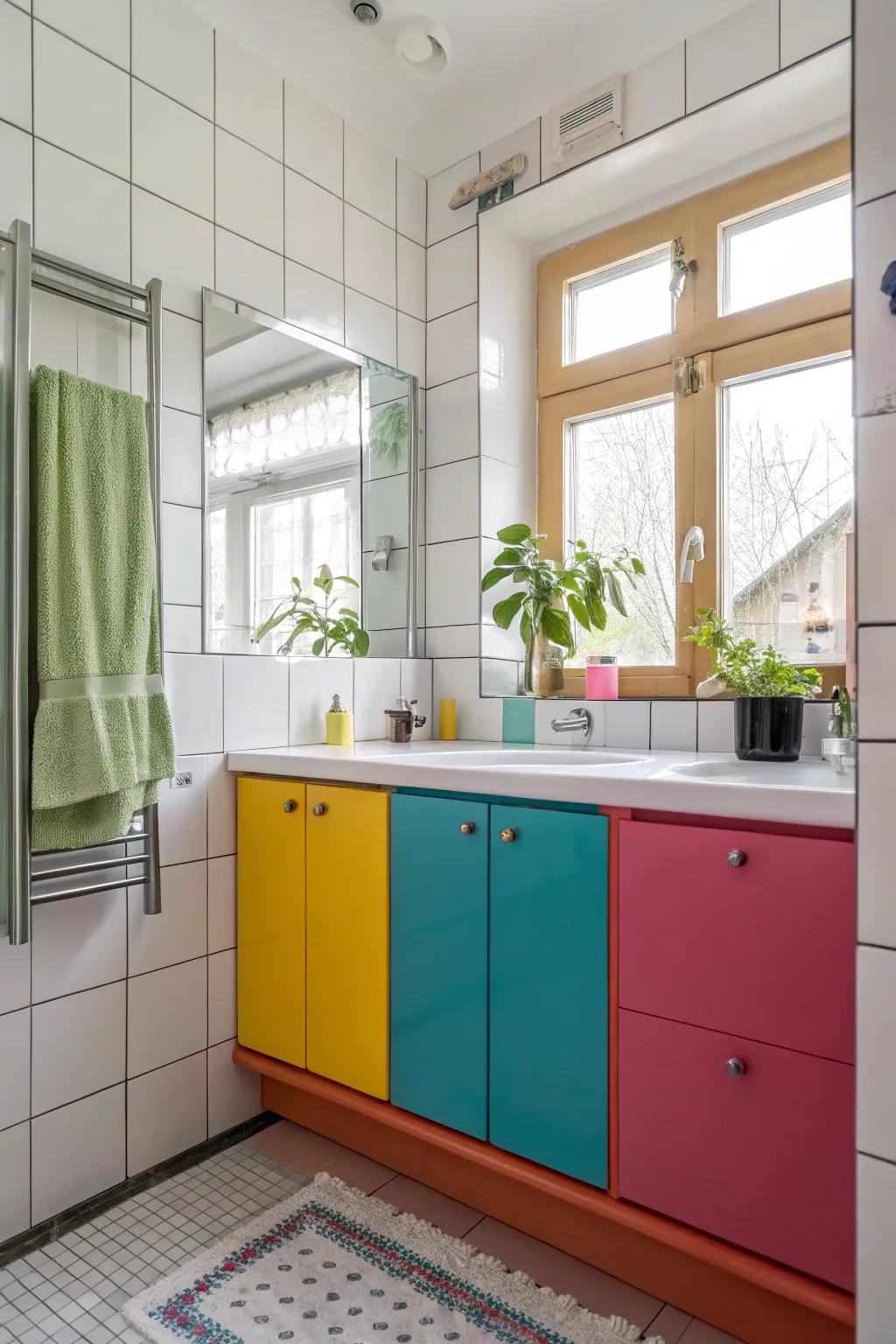 Vibrant colors add life to this stylish bathroom.