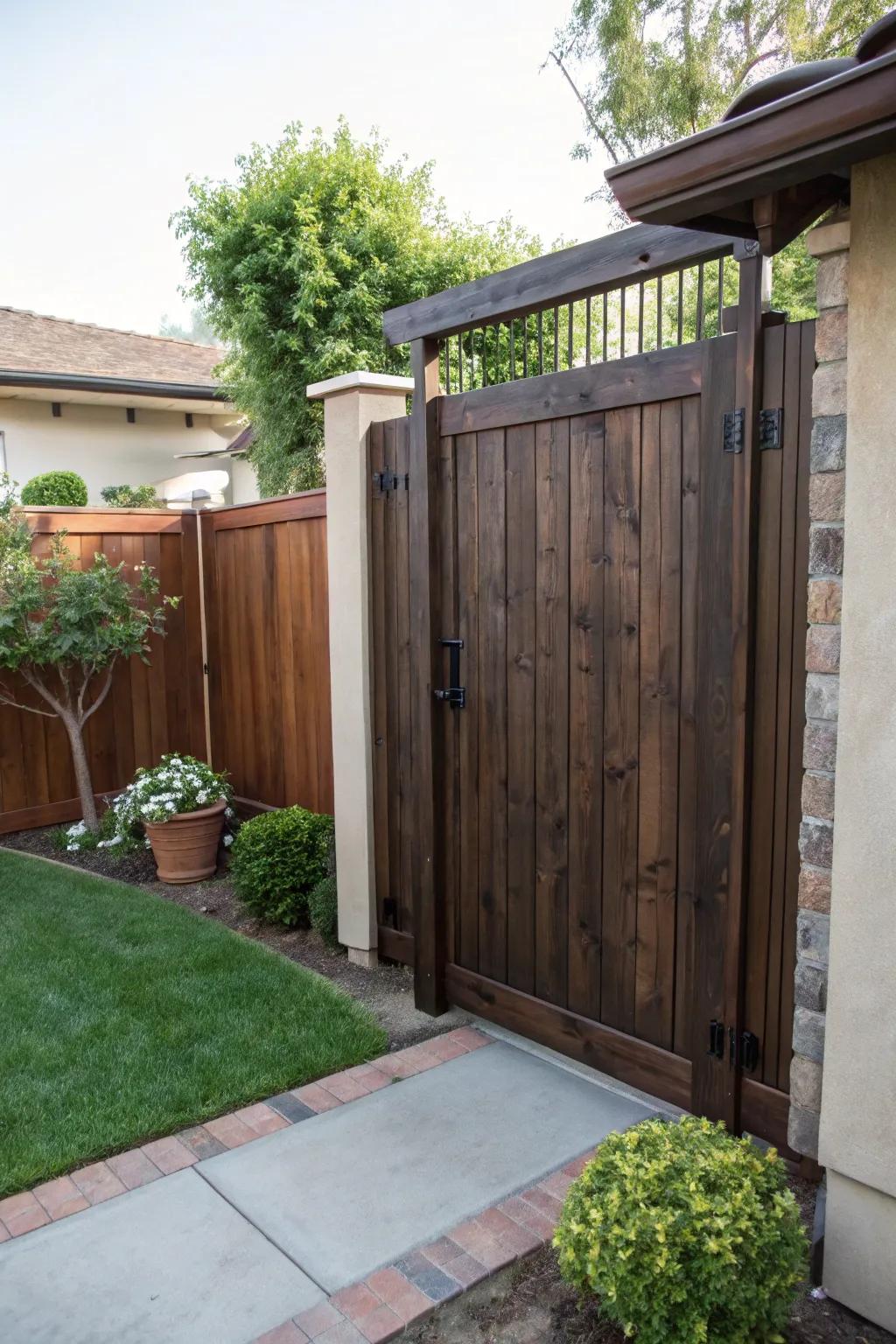 A solid wood gate that provides privacy and security.