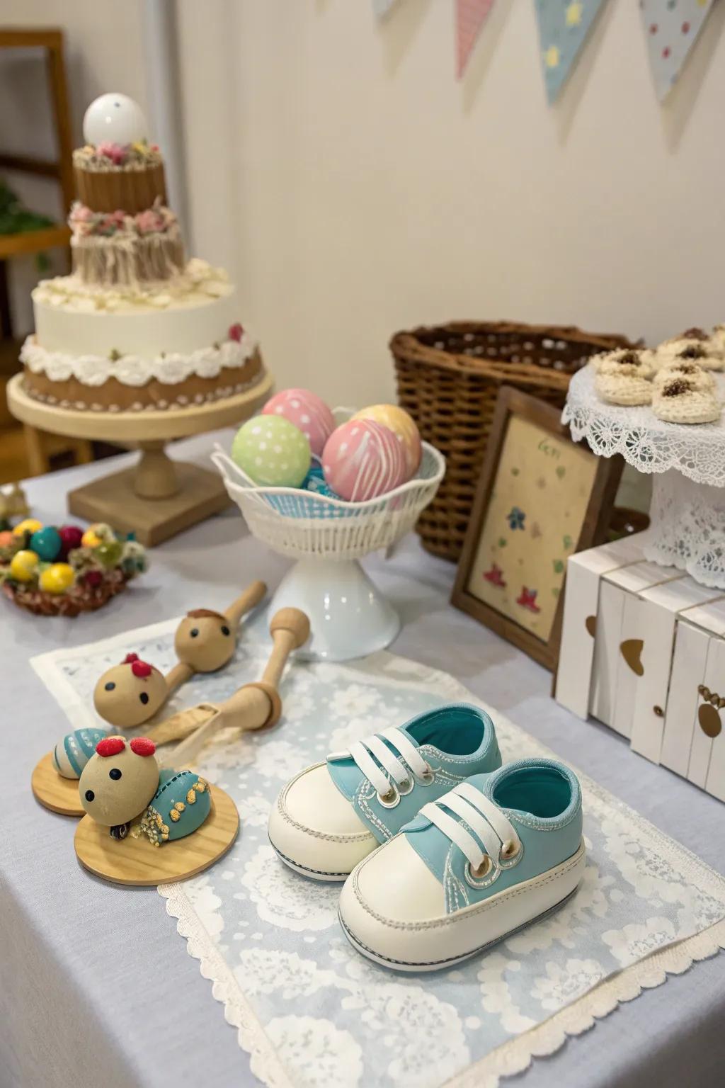 A themed table setting with charming baby-themed details.