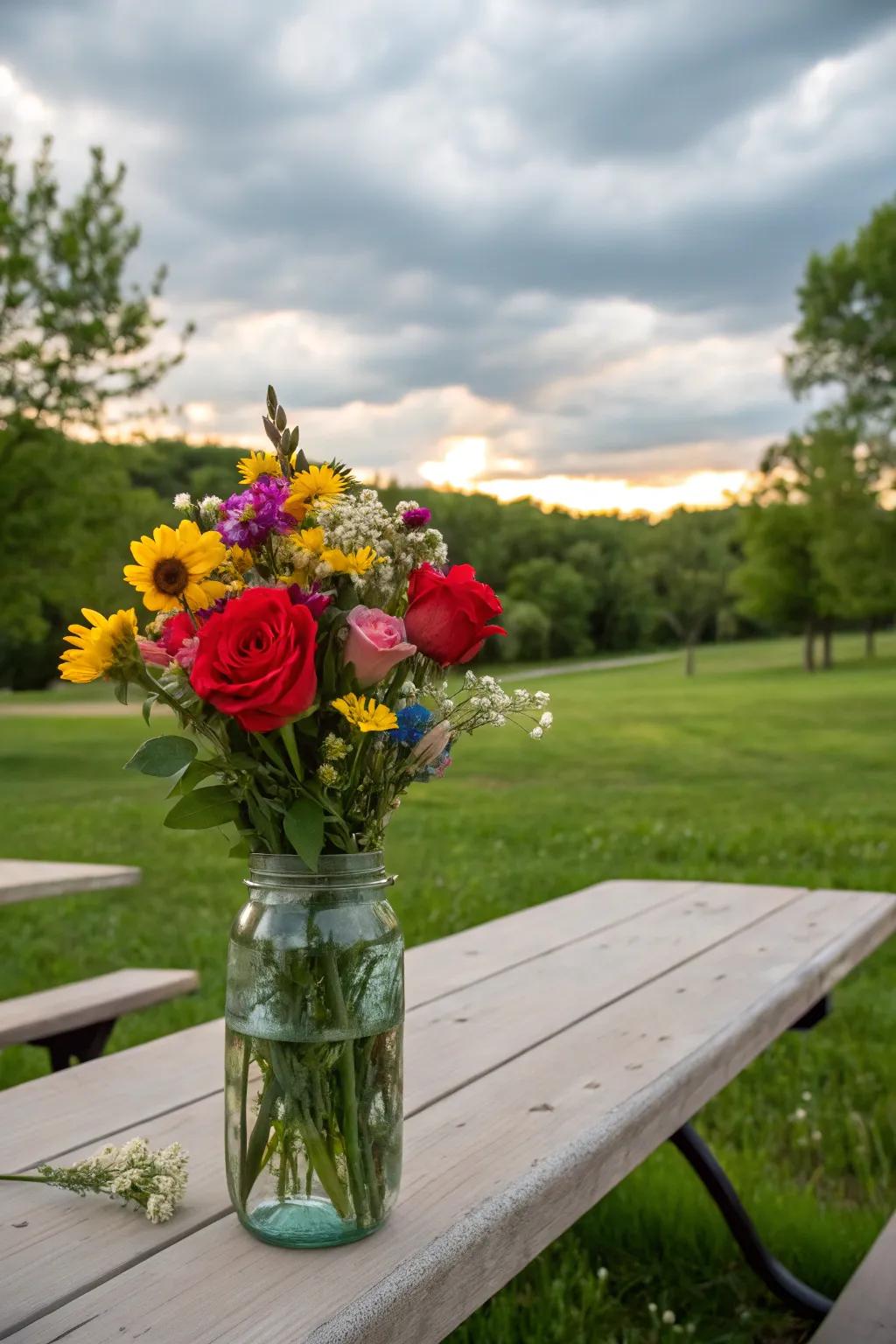 Roses mixed with wildflowers create a carefree, bohemian look.