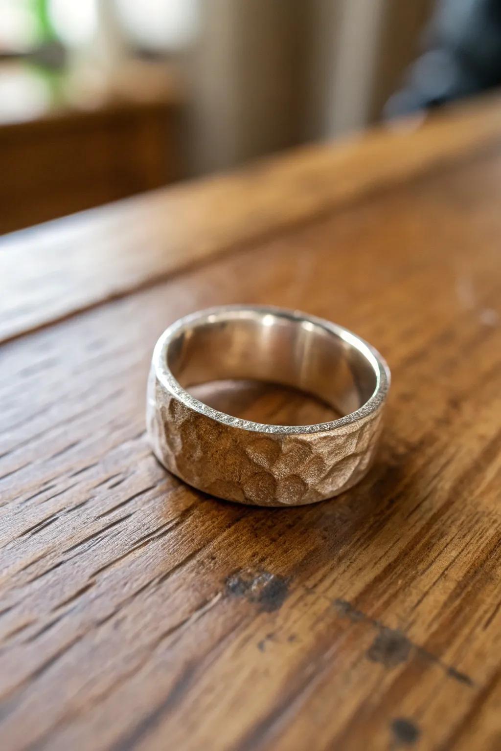 A rustic hammered texture band with a unique handmade appeal.