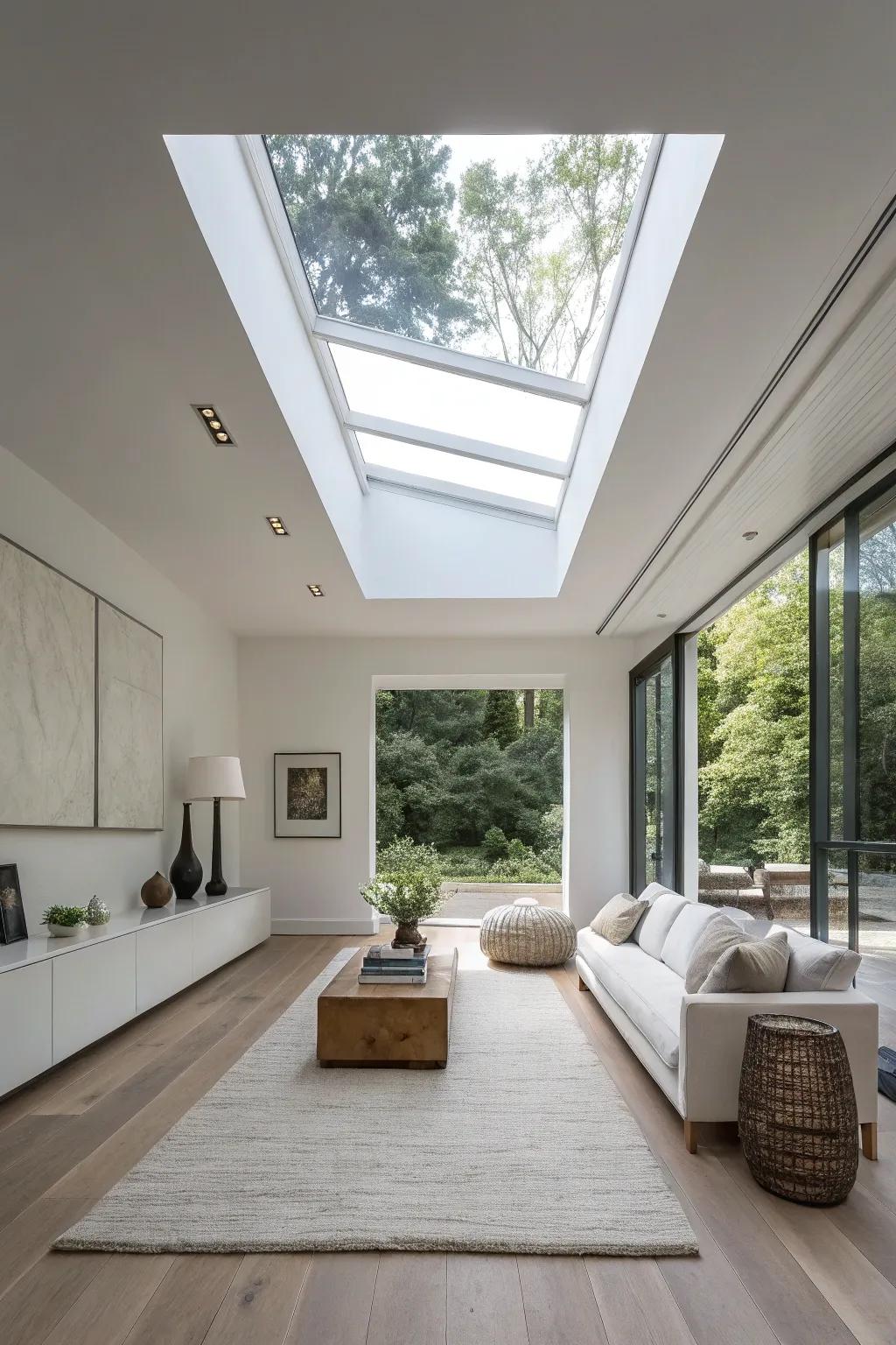 A minimalist room enhanced by a sleek skylight.