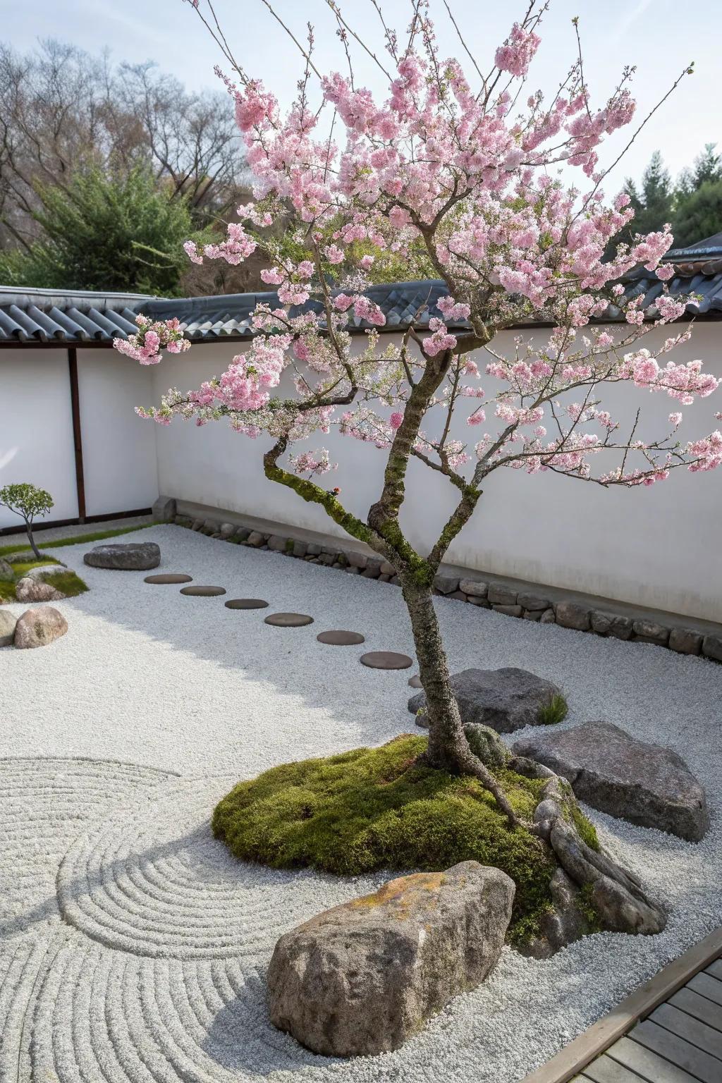 A zen garden with a small cherry blossom tree in full bloom, adding seasonal beauty.