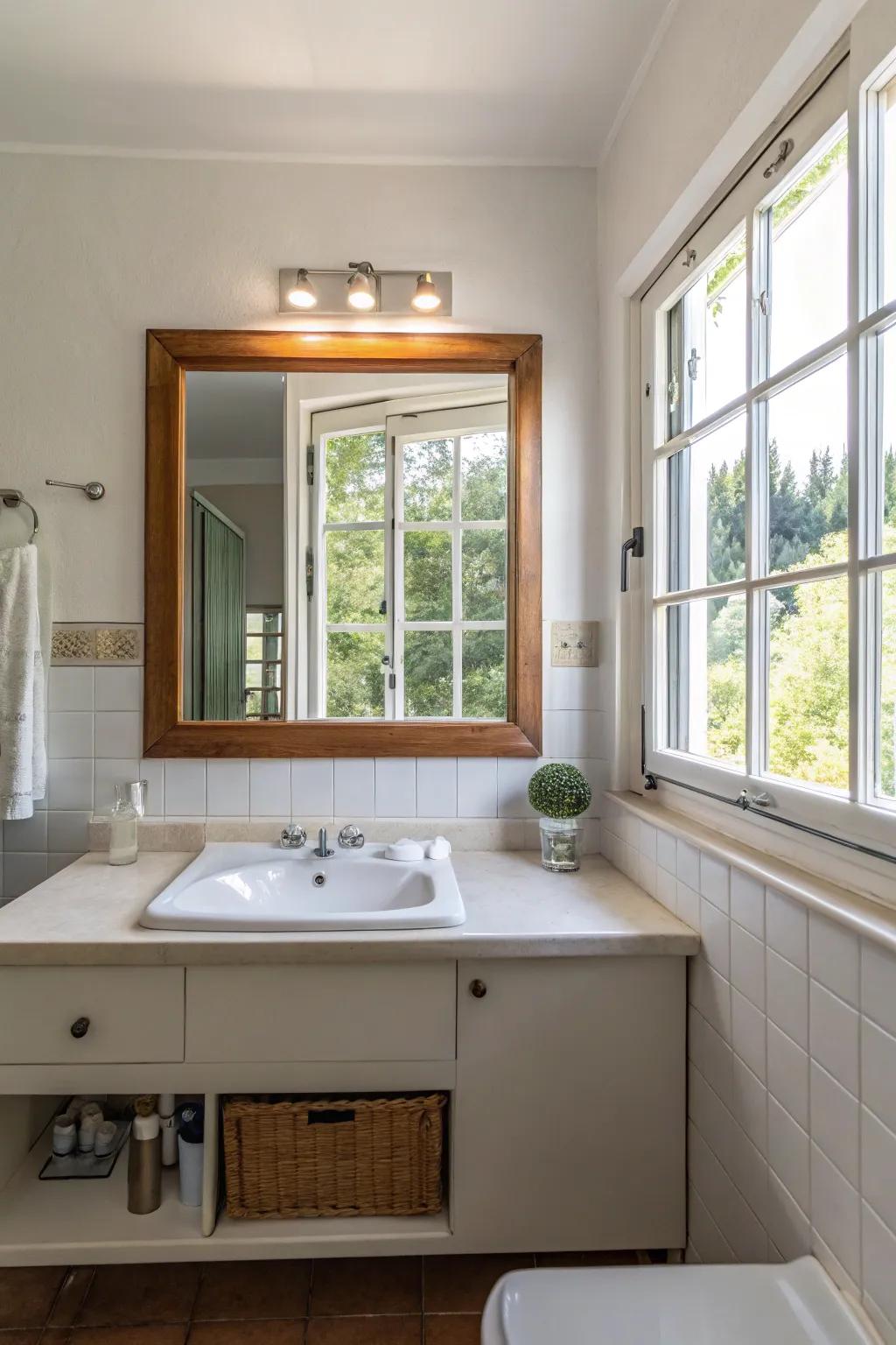 Mirrors amplify light and space in bathrooms.