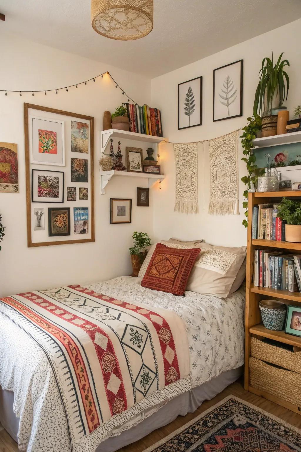 Personal art and decorations personalize this small boho bedroom