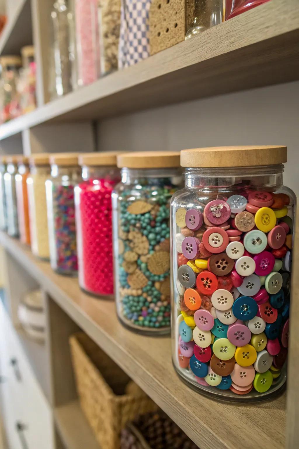 Decorative jars keep small items organized and add a personal touch to your craft room.