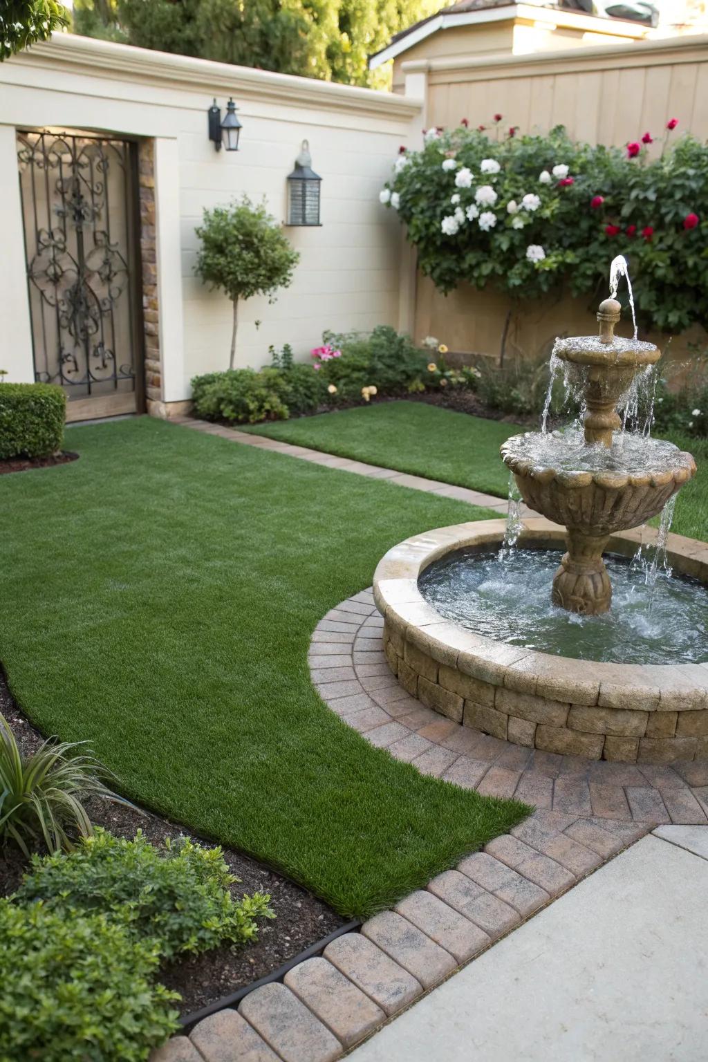 A small water feature adding tranquility to an artificial grass garden.