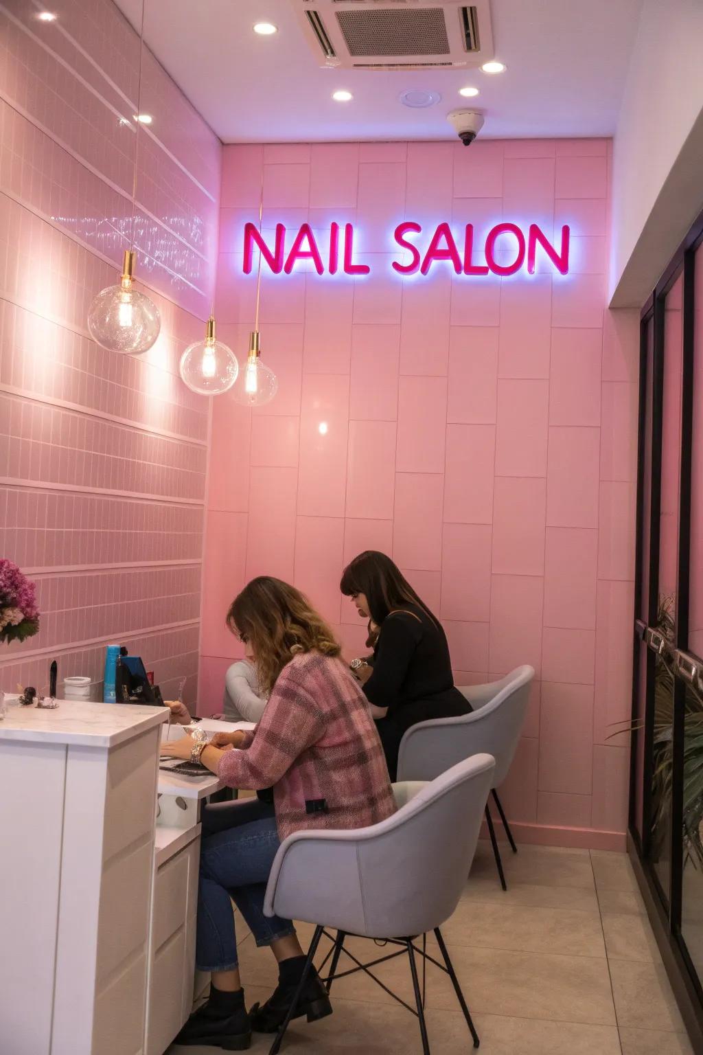 Neon signs add a modern flair to your salon.