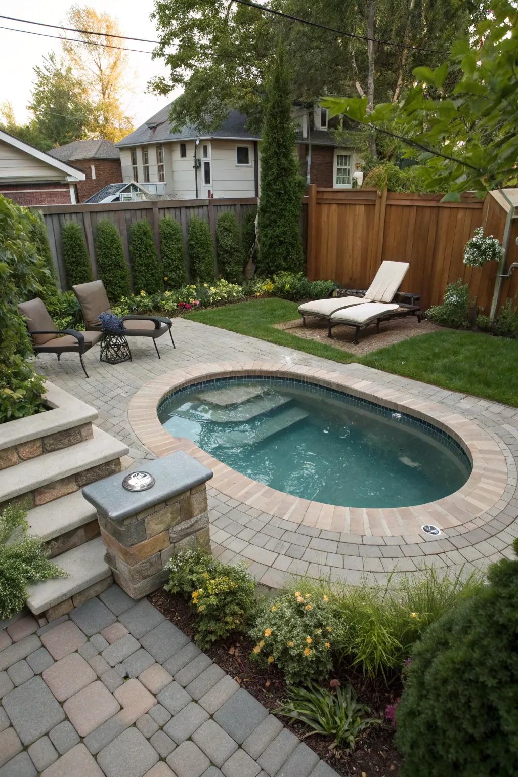 A multi-functional pool area with an integrated hot tub maximizes utility and enjoyment.