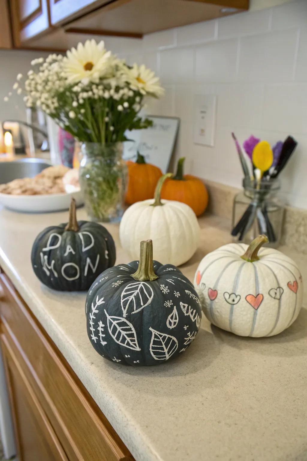 Chalkboard pumpkins offer a customizable decor option for any occasion.