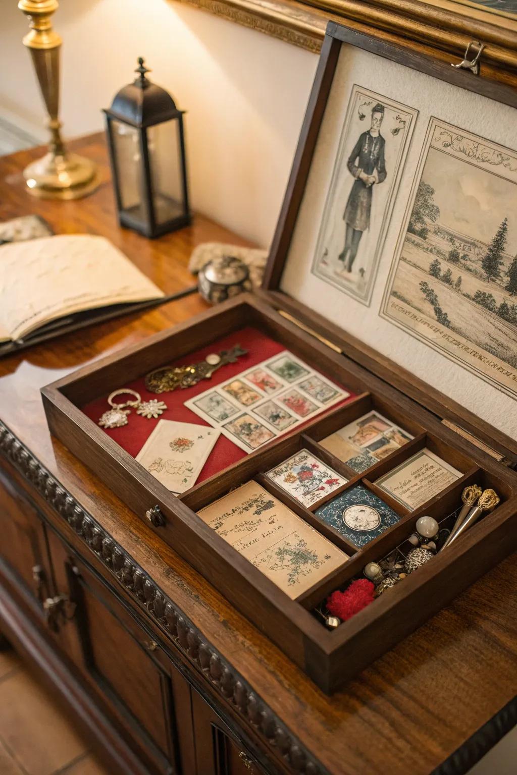 Add timeless elegance with a vintage shadow box.