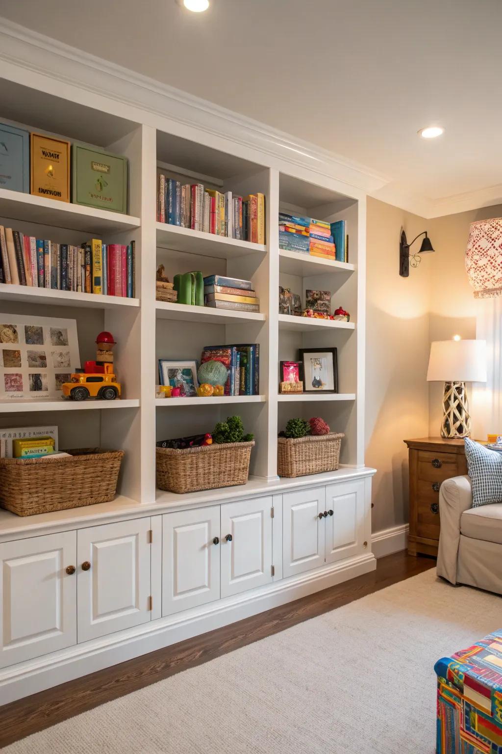 Built-in bookshelves used for stylish toy storage.