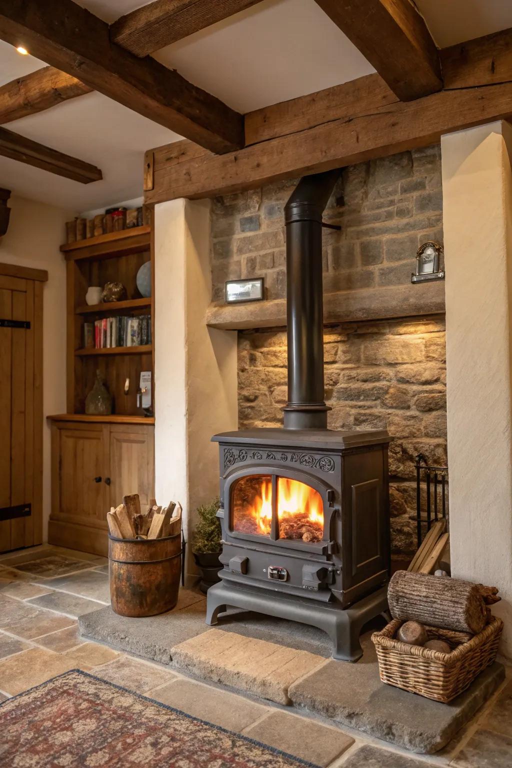 A traditional hearth adds timeless charm to a modern wood stove setup.