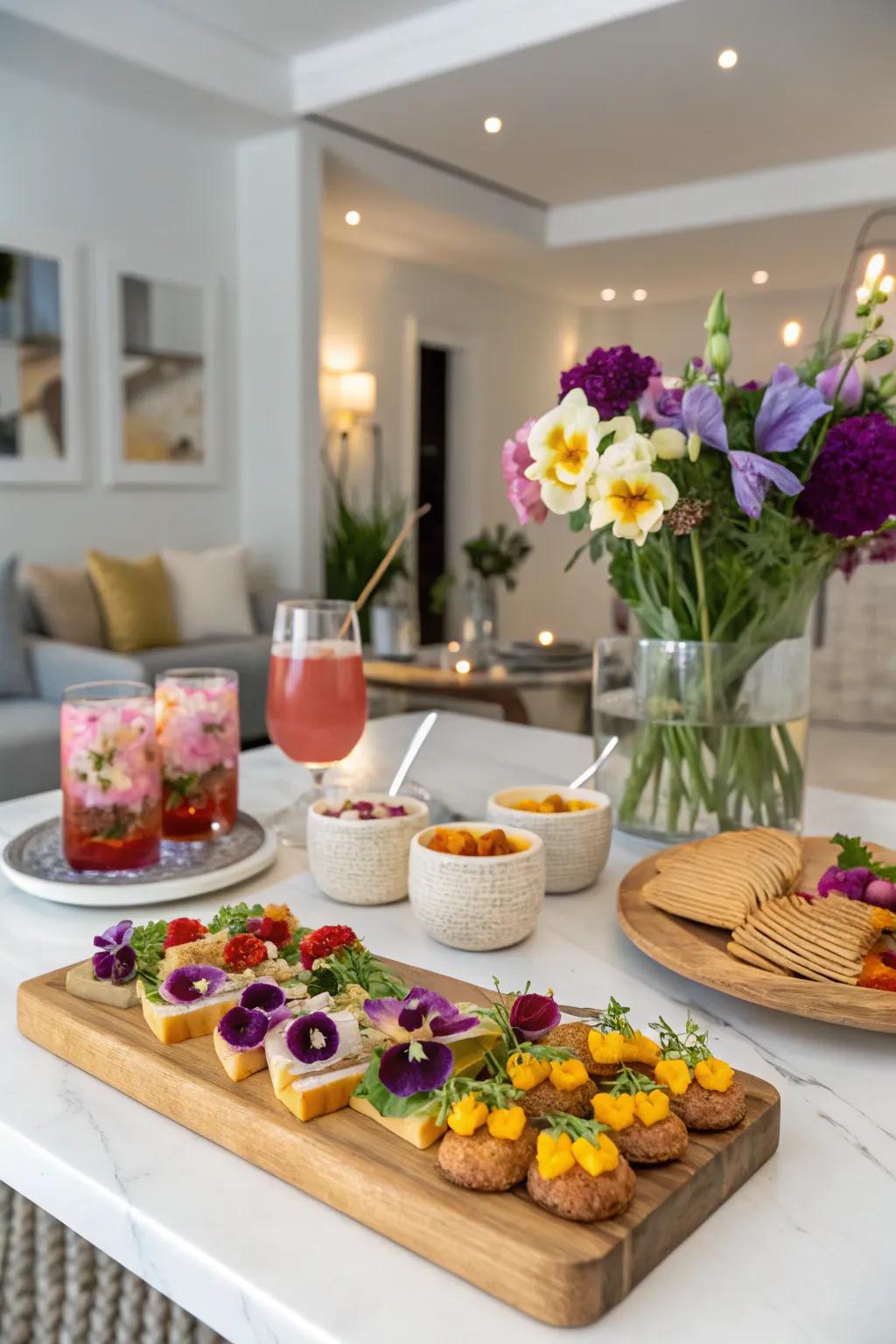 Edible flowers adding a touch of elegance to the snack table.