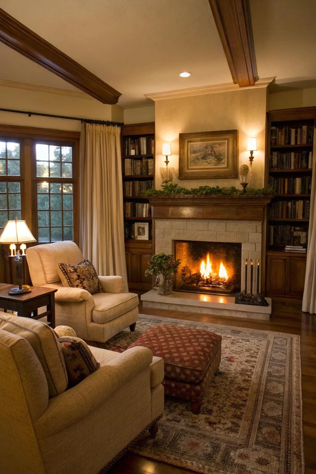 A fireplace creates a warm and inviting atmosphere.