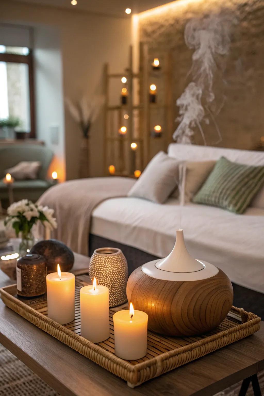 Candles and aromatherapy set the mood for relaxation.