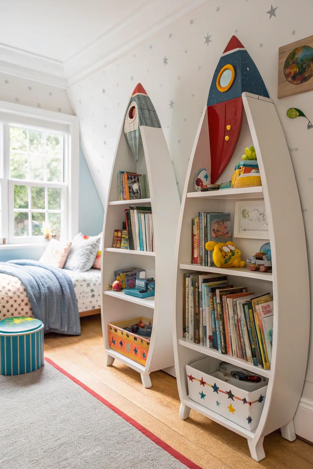 Rocket ship shelves make storage fun and imaginative.