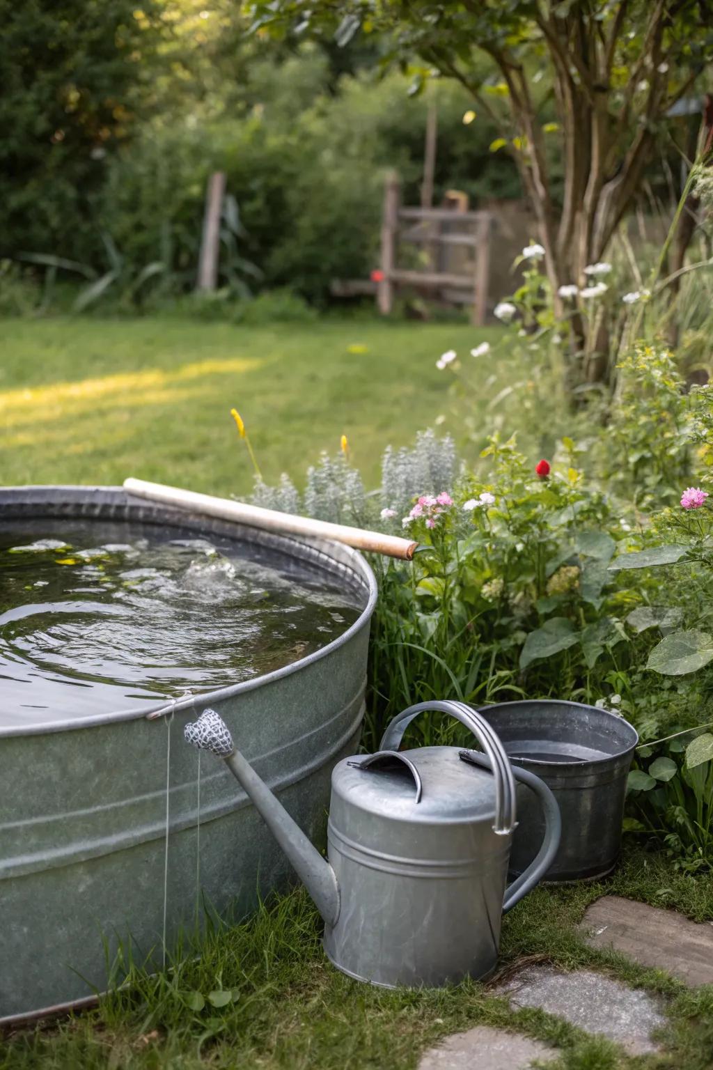 Eco-friendly watering from a stock tank pool to nourish the garden.