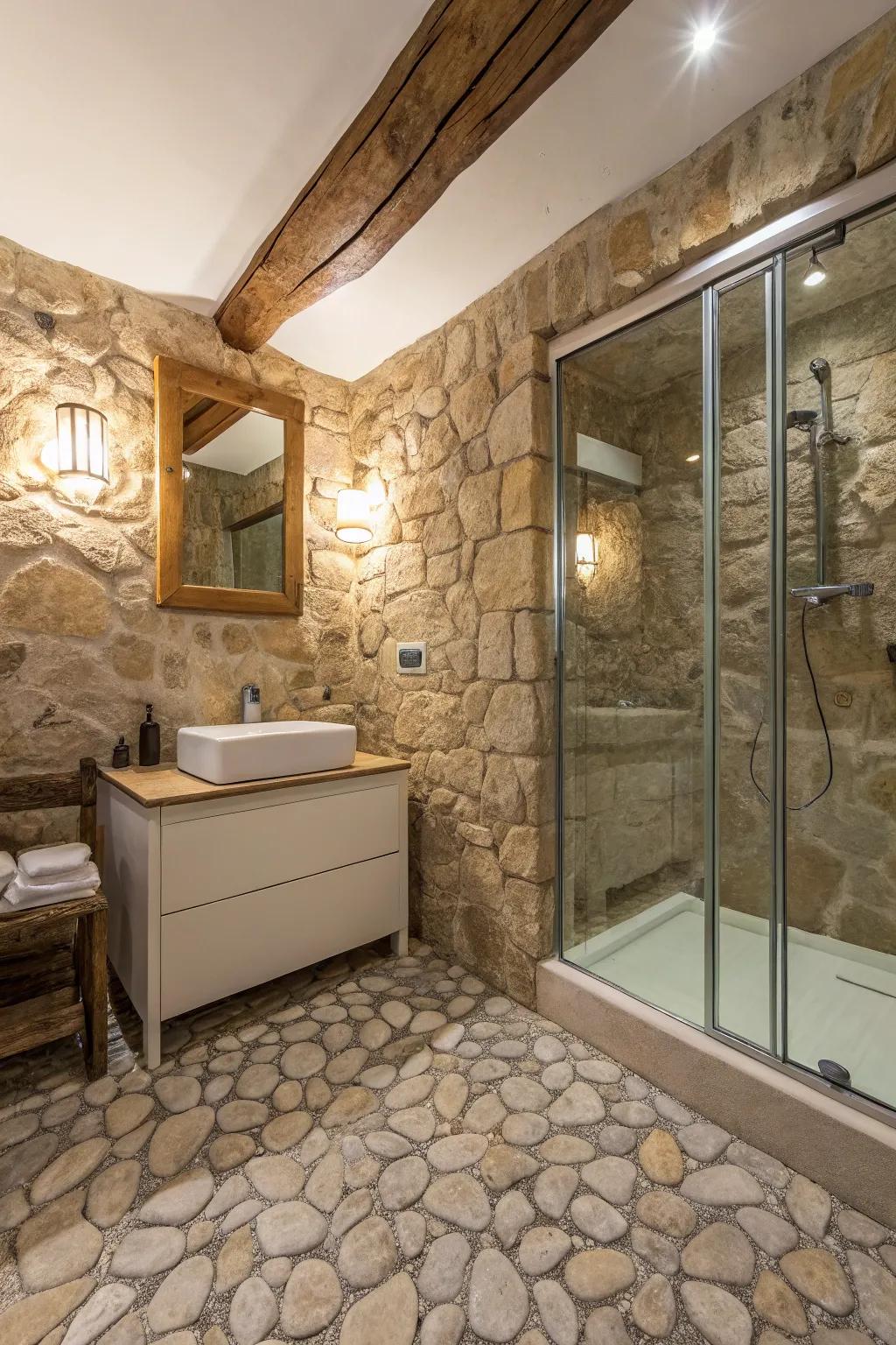 A bathroom showcasing textured stone flooring that complements the stone walls.