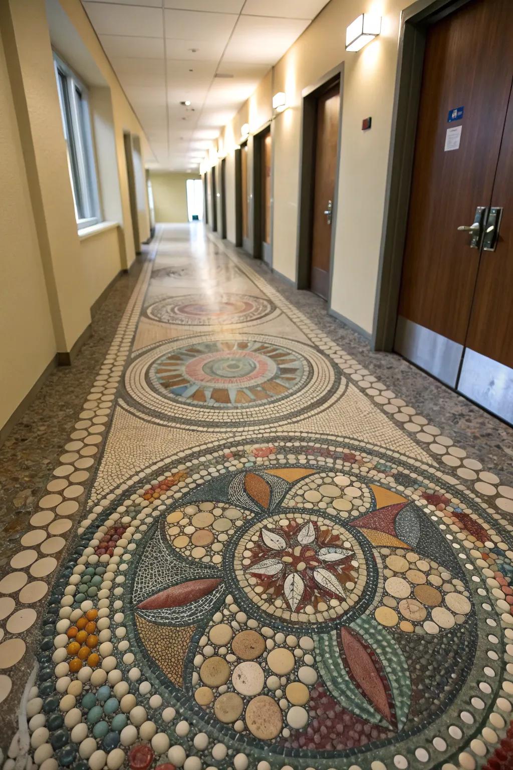 Intricate pebble mosaic art creating a focal point.