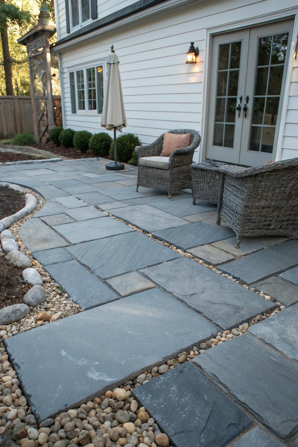 A stone patio with a creative mix of materials.