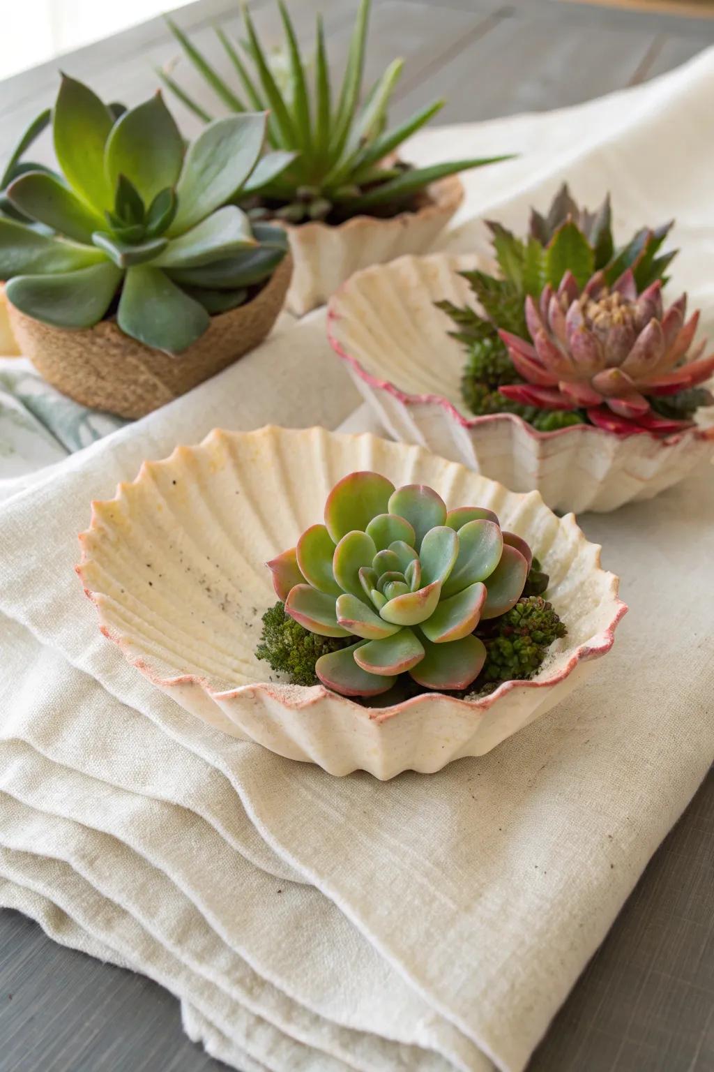 Decorative shells create a coastal-inspired succulent display.