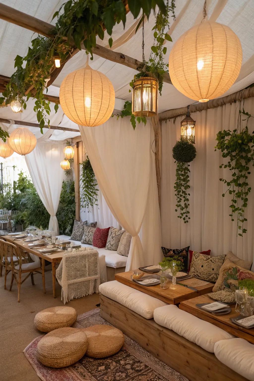 A cozy dining area in a sukkah with comfy cushions and airy designs.