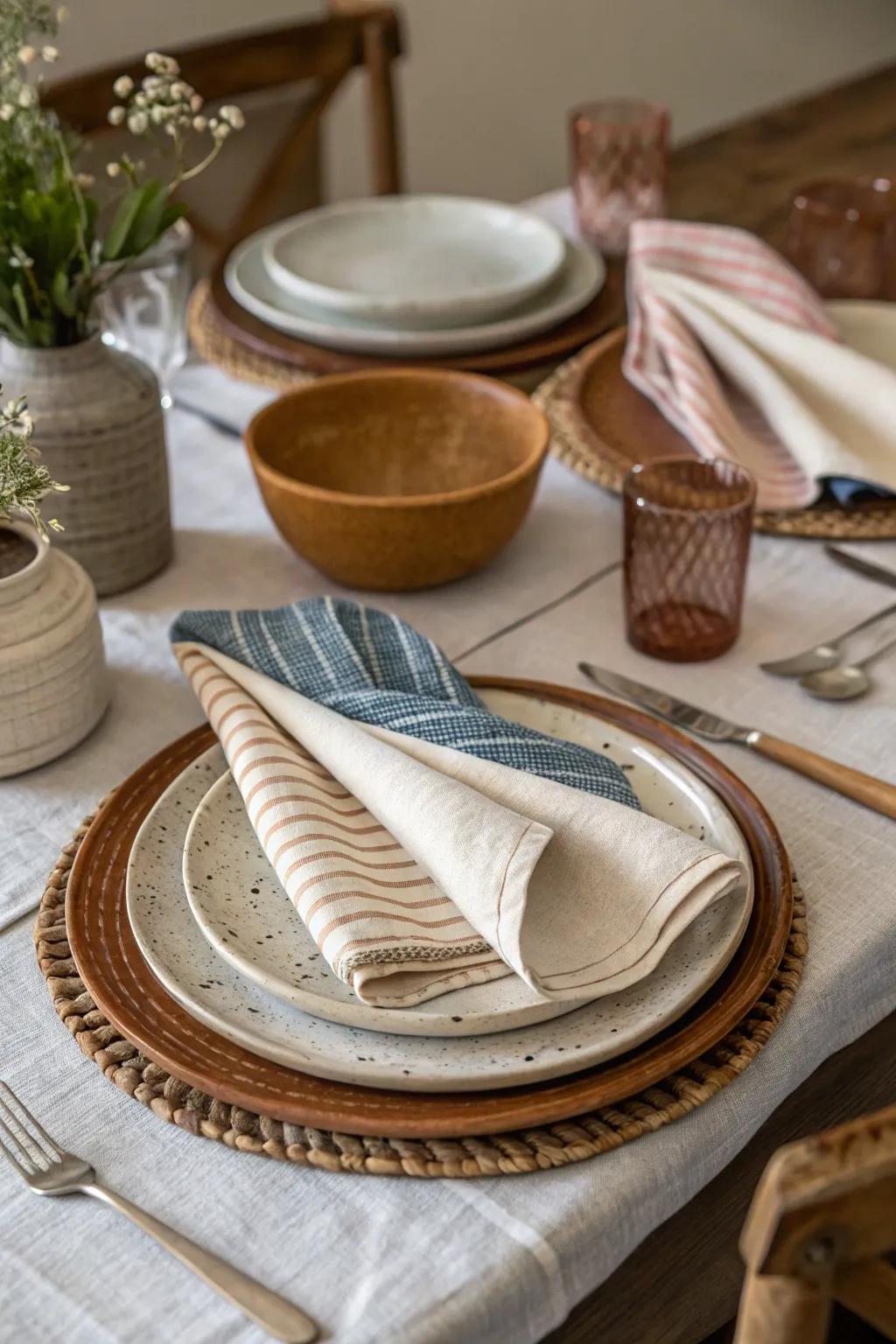 A mix of textures adds depth and interest to the table setting.