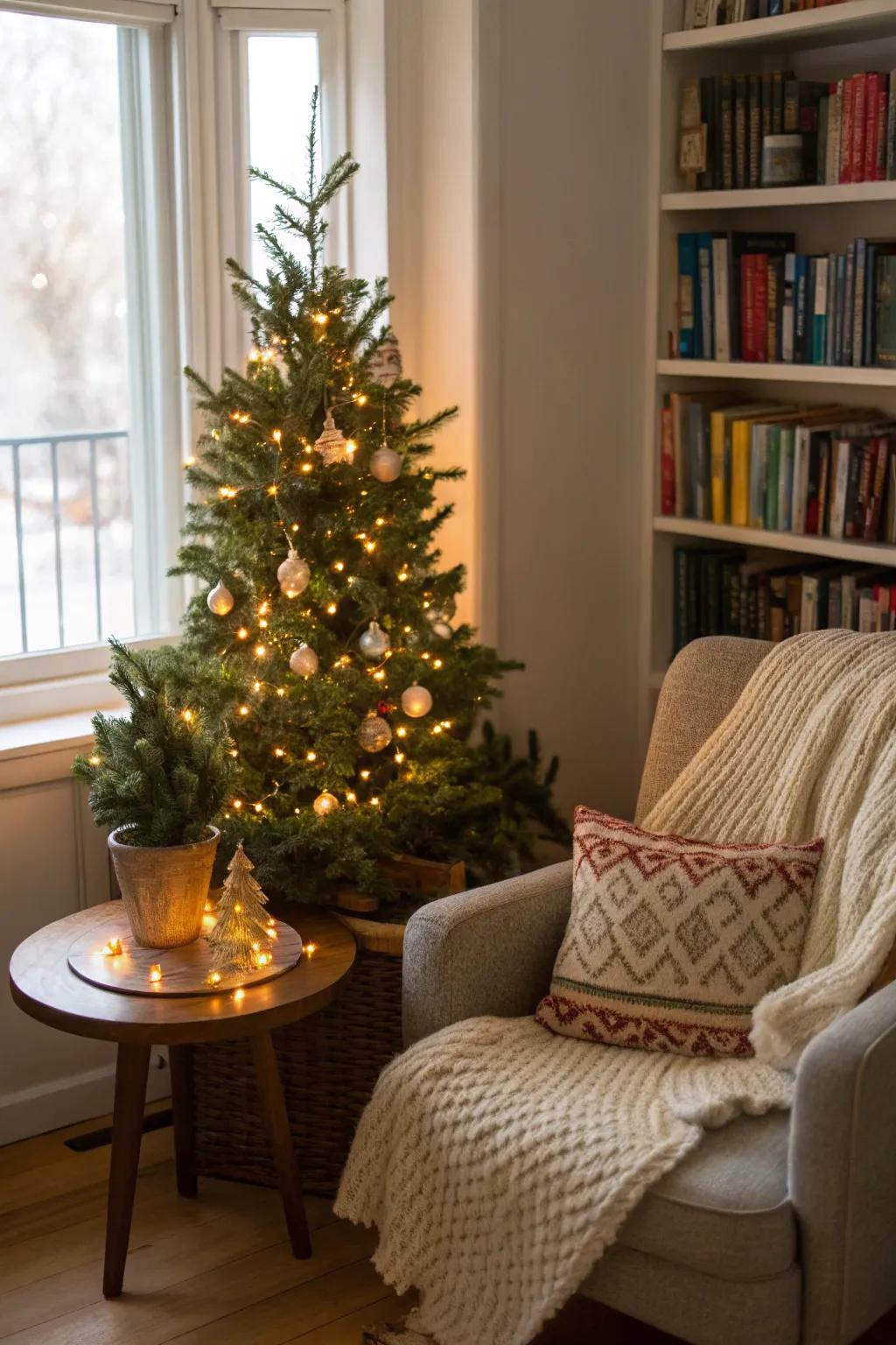 A magical tabletop Christmas tree wrapped in fairy lights.