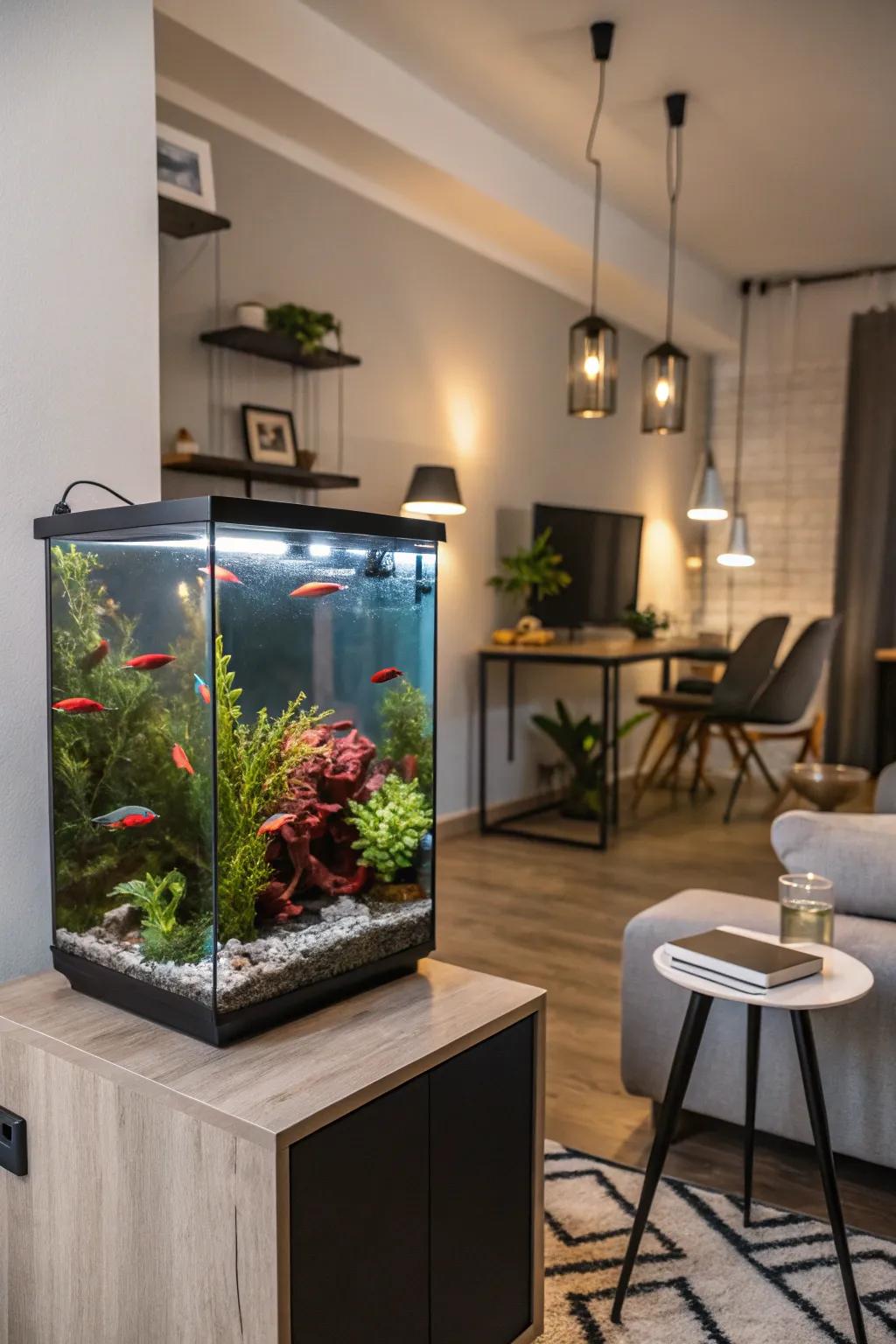 A compact footprint tall aquarium fitting perfectly in a small space.