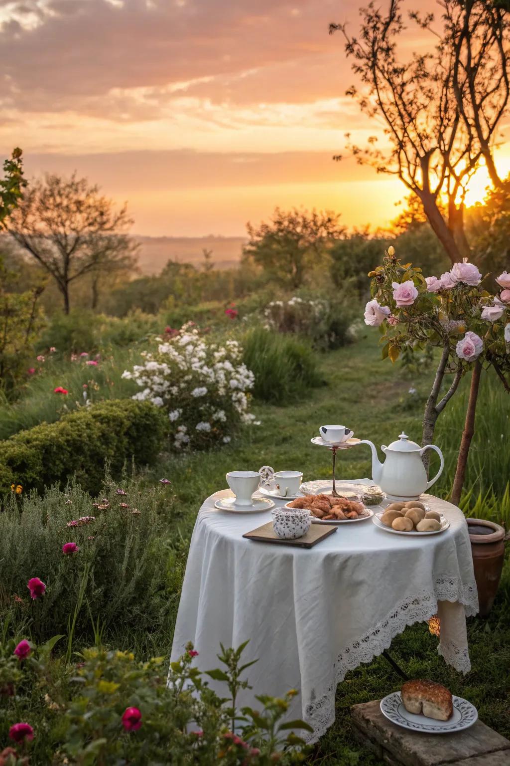 Golden hour lighting creates a magical and warm atmosphere for the tea party.