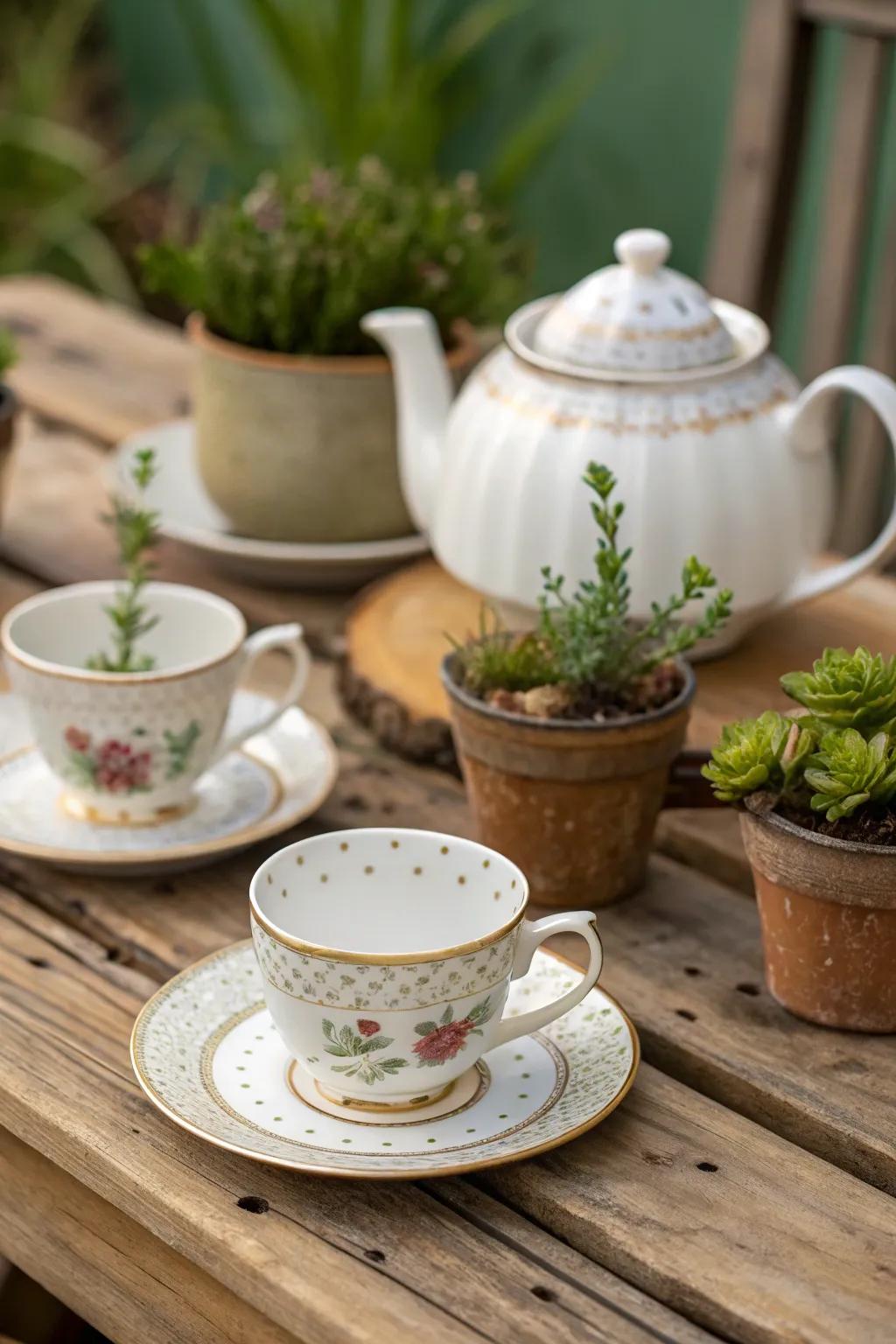 A chic rustic meets elegant fine china display.