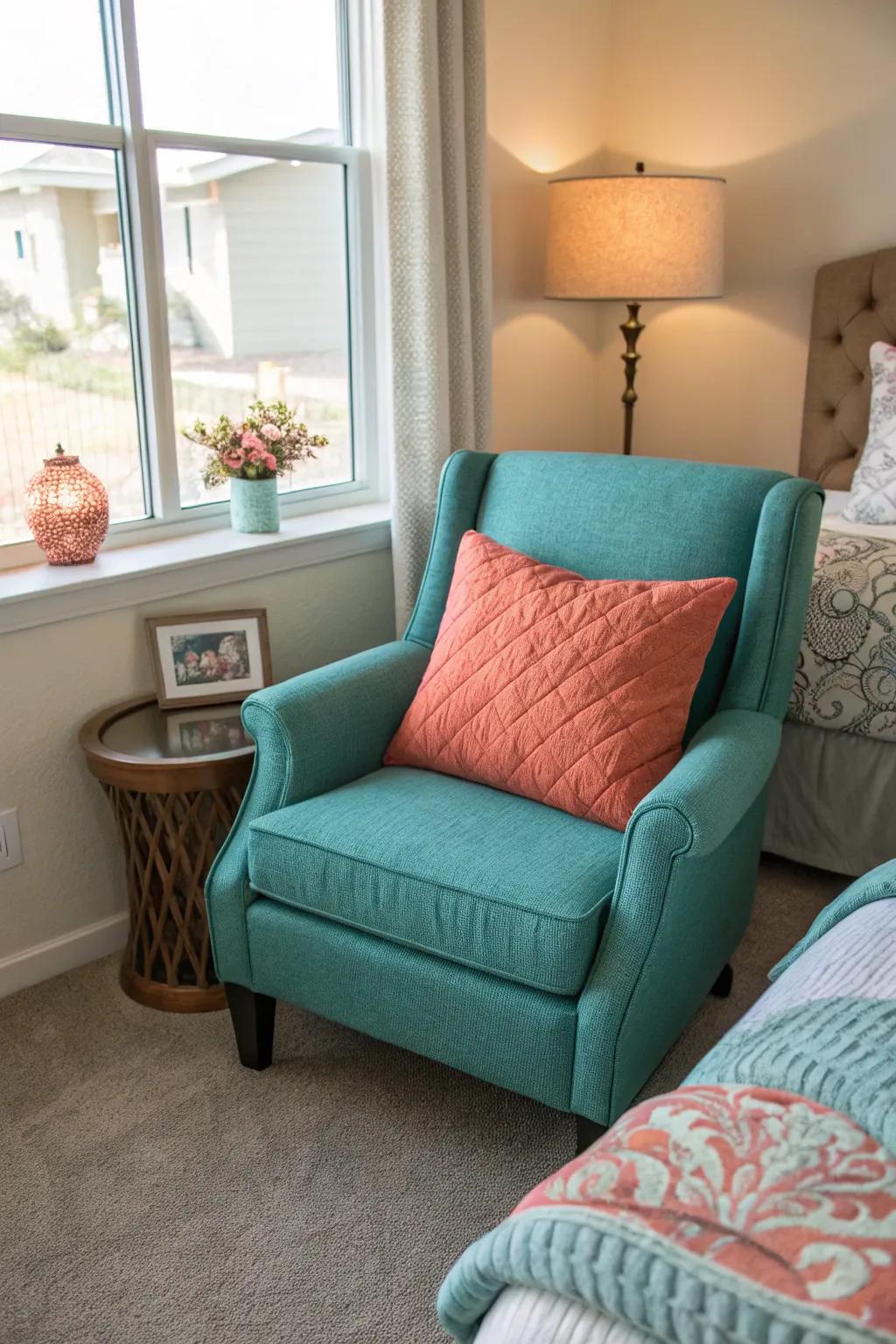 Teal chairs paired with coral cushions for a charming nook.