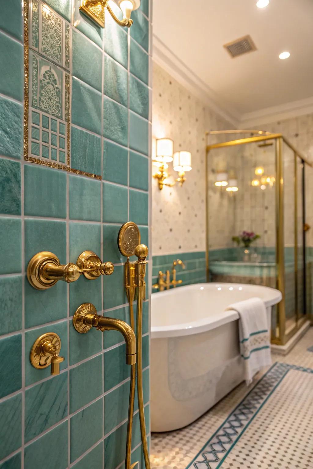 Gold accents elevate the elegance of teal tiles.