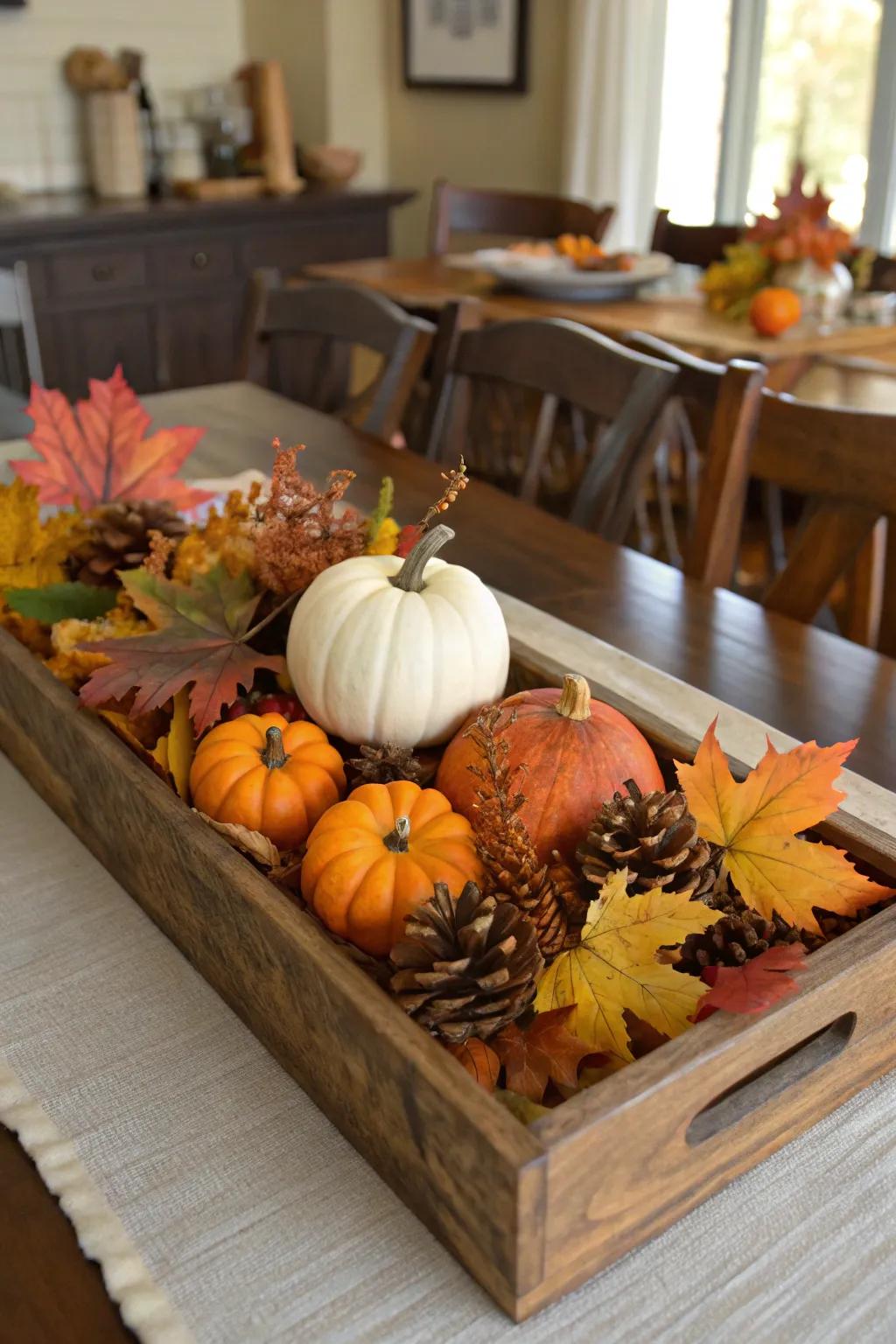 A wooden tray serves as a perfect base for your centerpiece.