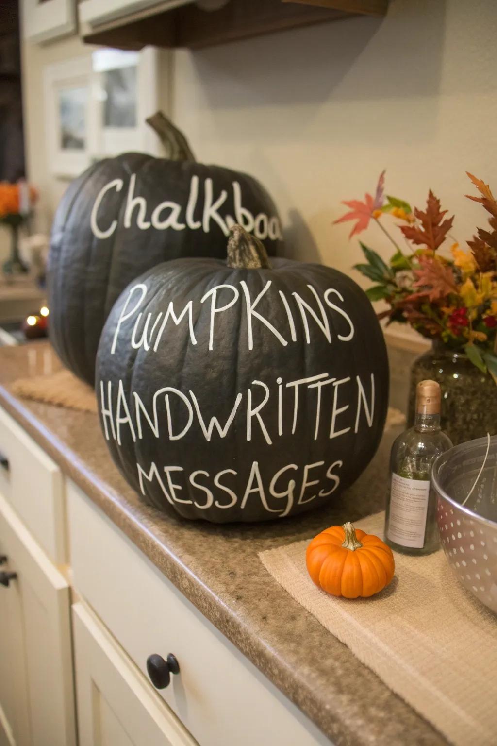 Interactive chalkboard pumpkins for personalized messages.